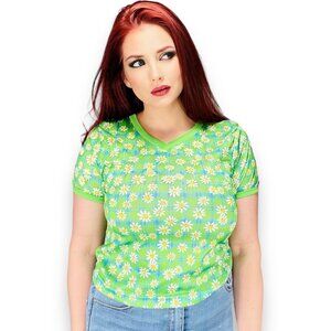 Vintage Xhileration Y2K Green Daisy Print Short Sleeve Shirt Top XL Y / W Small